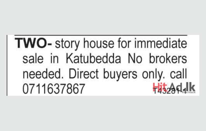 Two- Story House for Immediate Sale in Katubedda