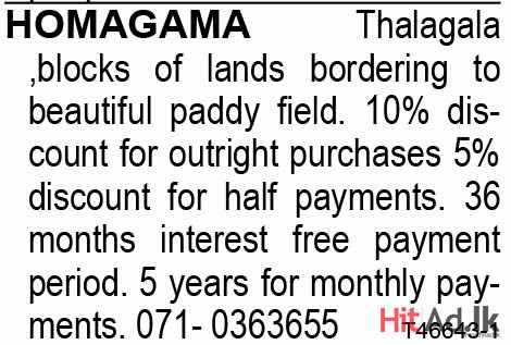 Homagama Thalagala ,blocks of Lands Bordering to Beautiful Paddy Field. 
