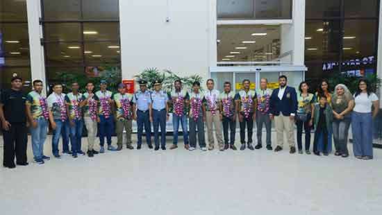 Sri Lankan national shooting team members receiving a warm welcome at Bandaranaike International Airport