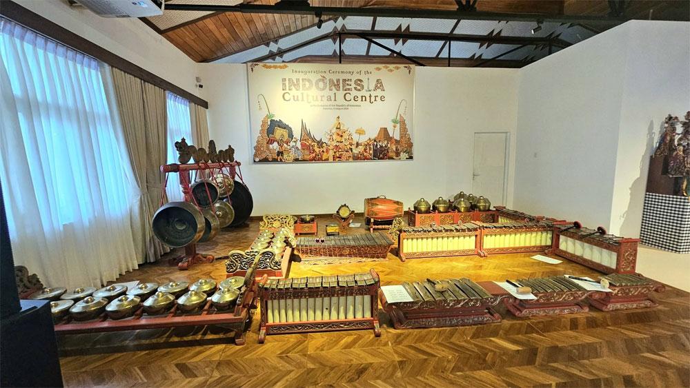 Interior of the Indonesia Cultural Centre displaying Javanese gamelan and angklung instruments