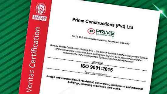Prime Constructions achieves ISO 9001:2015 certification