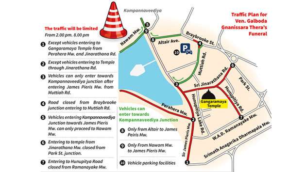 Traffic plan for Ven. Galboda Gnanissara Thera’s funeral