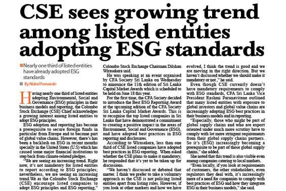 CSE sees growing trend among listed entities adopting ESG standards
