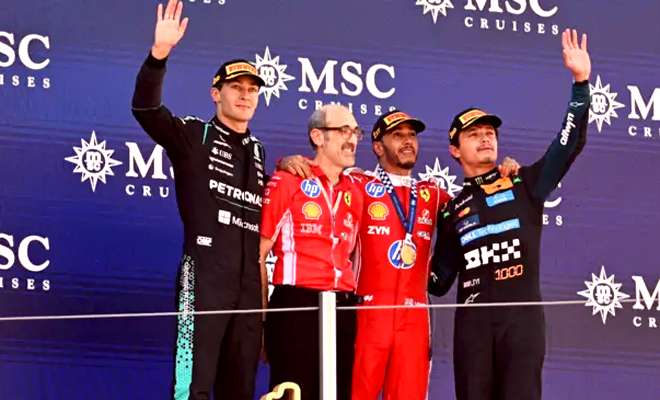 Hamilton wins first grand prix for Ferrari as Antonelli retires
