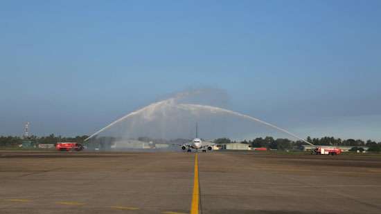 First commercial flight arrives