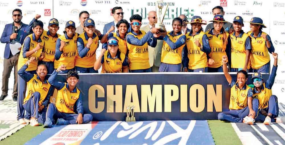 Sri Lanka Under-19 women’s cricket team posing with the tri-series trophy