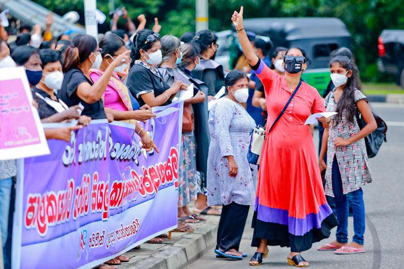 Women’s rights movement activists protest at Battaramulla