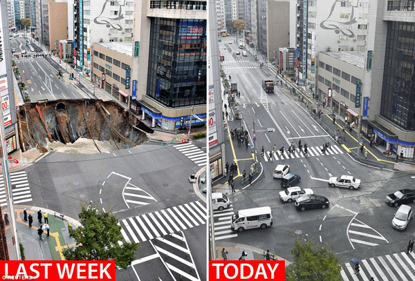 Japan's mega-sinkhole is repaired in just a week