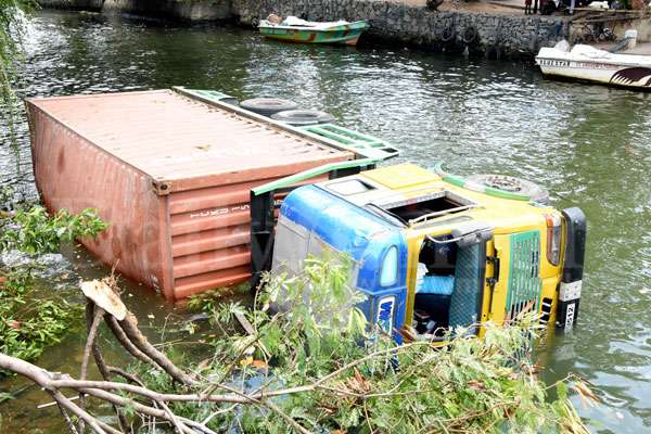 Lorry goes for a swim