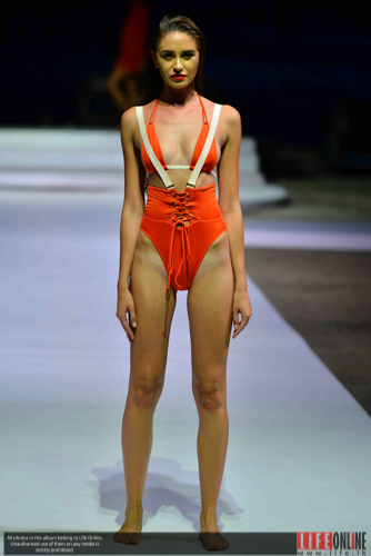 Sri Lanka. 07th July, 2018. Models presents a creation by Meraki during the  'Swim Week Colombo' fashion Show in Colombo, Sri Lanka on July 7, 2018. -  Swim week Colombo fashion show